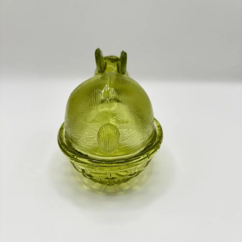 Bunny Rabbit On Nest Dish Vintage Green Glass Lidded Decorative Collectible